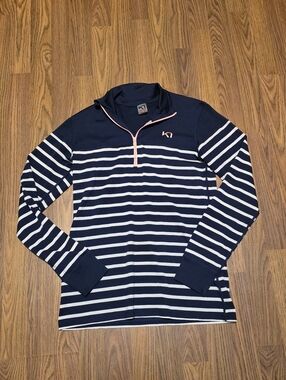 Kari Traa Maske Merino 100% Wool Base Layer Women’s L Navy Stripe 1/4 Zip